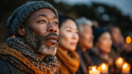 Diverse people participating in candlelight vigil ceremony at dusk