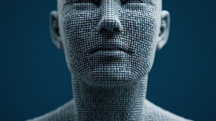 Digital sculpture of a humanoid figure composed entirely of binary code showcasing modern technology and artistry while representing artificial intelligence concepts