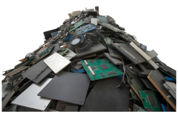 Pile of electronic components and circuit boards stacked together with a close-up view on a transparent background PNG