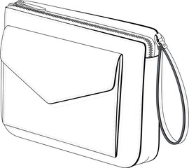 Minimalist Clutch Bag Technical Sketch Featuring a Top Zipper Closure and Front Envelope Pocket