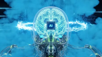 Human brain interface concept, futuristic digital blue background. - Powered by Adobe