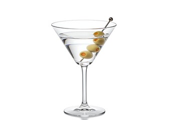 A classic martini glass with a clear liquid and green olives on a skewer