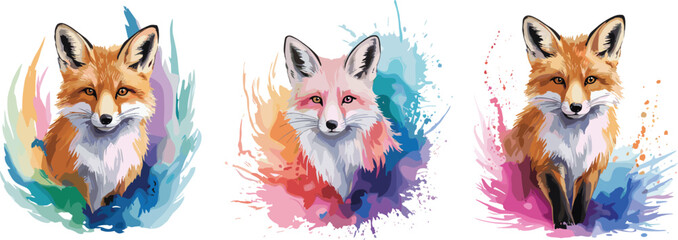 Colorful Watercolor Fox Head Illustration Set: Featuring Artistic Splatter Portrait Graphic Designs for Creative Projects