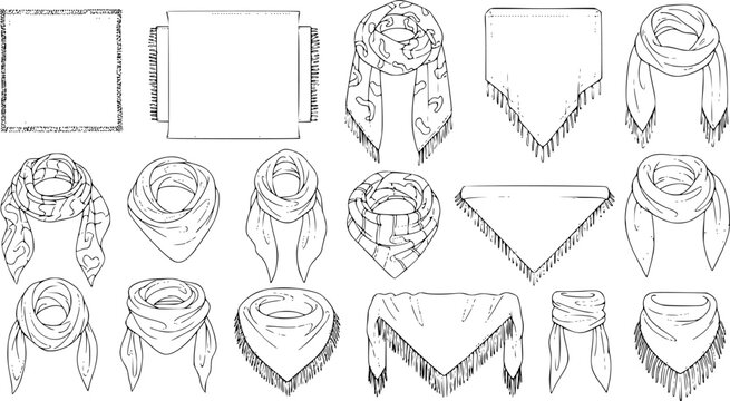 set of women's scarf flat sketch vector illustration cad mock up template
