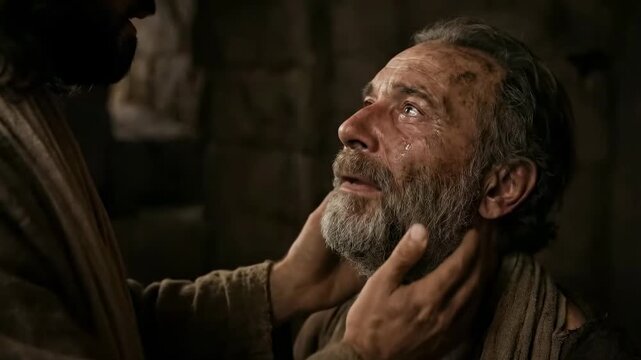 Jesus Christ healing a blind man by touching his eyes. Divine light restores sight. AI-generated biblical miracle reenactment