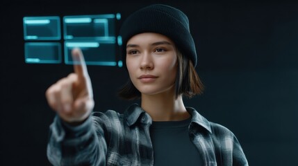 Young woman interacting with futuristic holographic interface showing data projection in tech-inspired environment, showcasing innovation and digital technology