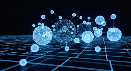 Glowing blue spheres interconnected on a grid, representing a network or complex system