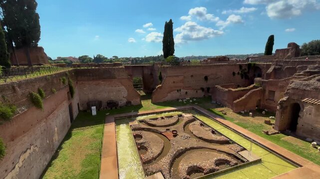 domus augustana ruins palatine hill massive arched substructures courtyard garden unique 'pelta' shield shaped fountain base rome reveal around italy emperor pelta 