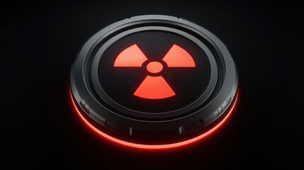 Circular radiation symbol illuminated with glowing red light on dark background, modern graphic design for science and technology themes, striking visual aesthetic