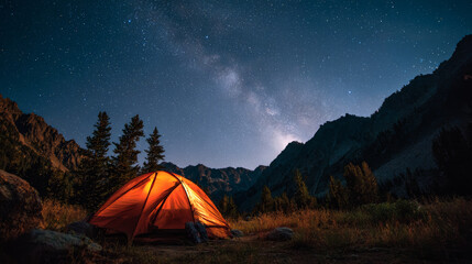 Glowing orange tent illuminated in a rugged wilderness under a starry night sky with mountain silhouettes and a visible milky way galaxy