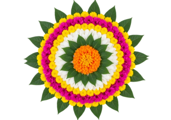 Vibrant floral rangoli design with green leaves and colorful flowers isolated on transparent background