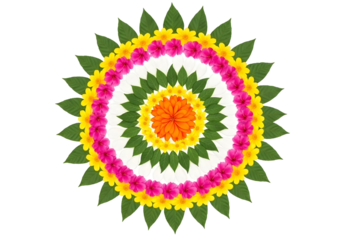 Vibrant floral rangoli design with green leaves and colorful flowers isolated on transparent background