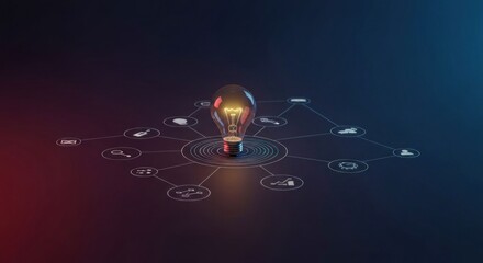 Glowing lightbulb at center of interconnected icons on dark background