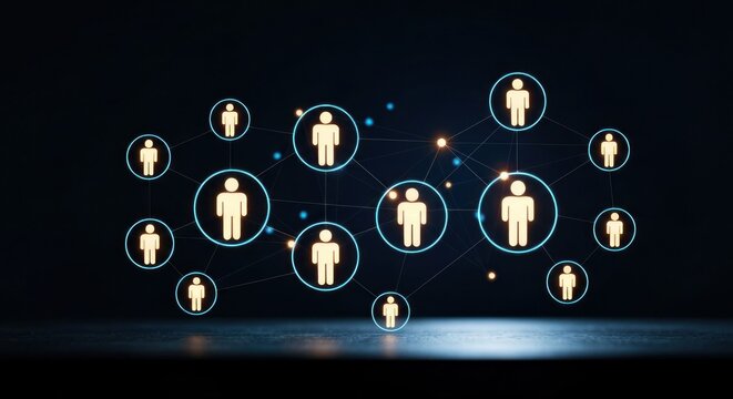 Glowing human icons interconnected, forming a network on a dark surface - Powered by Adobe