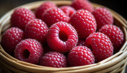 Selected Raspberries in Small Basket Macro Photography Fresh Berry Close Up