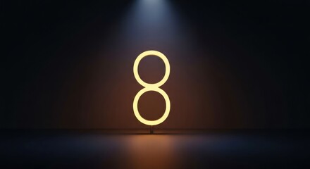 Glowing neon number eight in spotlight on dark floor