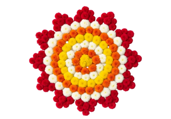 Colorful flower mandala design with red, orange, yellow, and white petals isolated on transparent background