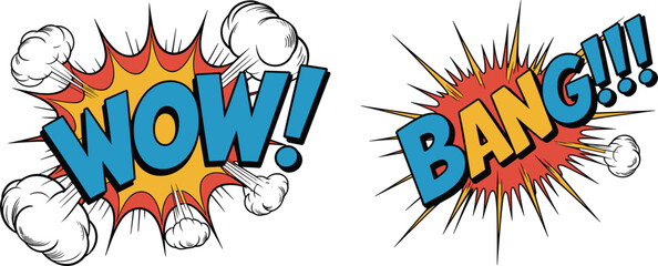 Colorful Action Comic Style WOW and BANG Sound Effect Illustrations with Explosive Starburst Graphic Elements
