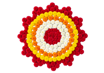 Colorful flower mandala design with red, orange, yellow, and white petals isolated on transparent background