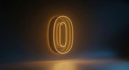 Glowing neon number zero in dark space