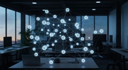 Glowing network nodes in a dark modern office, connecting computers and desks
