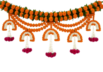 Vibrant orange and green flower garland with hanging decorations isolated on white background