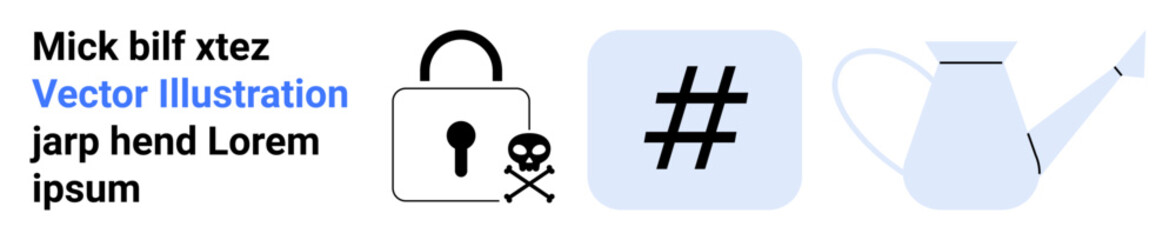 Obraz premium Padlock with skull motif, blue metadata tag icon, white watering can. Ideal for digital security, social media, gardening, cautionary messaging, data protection, minimal design simple landing page