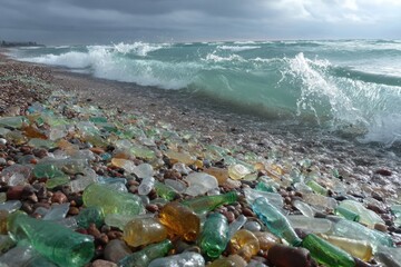 Glass Beach: wave crashes on a beach covered with colorful glass pebbles and rocks creating a unique, vibrant seaside mosaic.