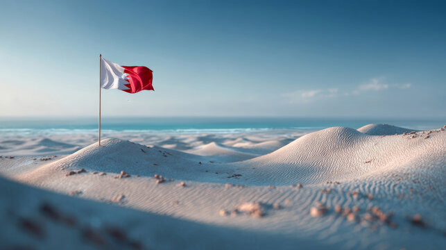 Bahraini flag waving proudly above desert dunes against the blue Persian Gulf on Independence Day