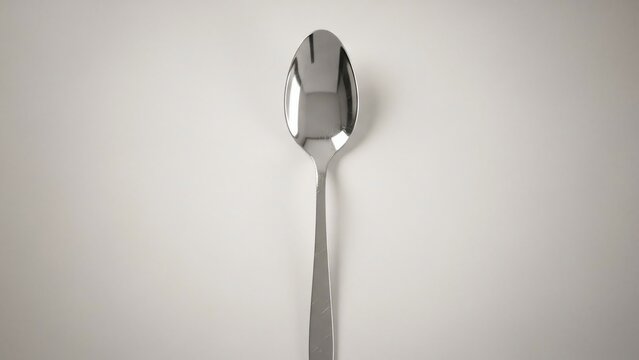 A spoon is placed vertically on a plain white surface with reflective light.