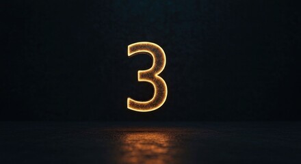 Glowing orange numeral three on dark background, reflecting light
