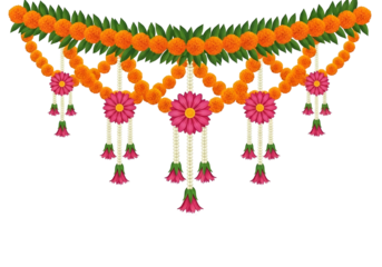 Vibrant indian wedding decoration with pink flowers and orange beads on green leaves