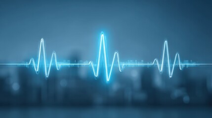 Blue heartbeat waveform over urban skyline background showing vitality and energy in a modern cityscape, illustrating life and technology connection.
