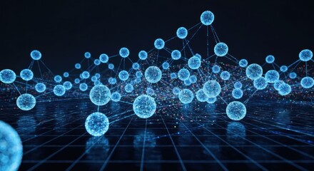 Glowing spheres interconnected by lines forming a network over a gridded surface