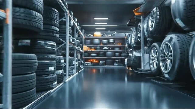 Tires stacked on shelves in a modern warehouse storage facility