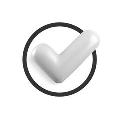 Vector realistic 3d Check mark in flat circle icon. Trendy plastic white checkmark, black select circle icon on white background. Round yes button. 3d render tick sign for web, app, design, game.