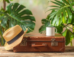 A vintage suitcase with a straw hat and a white mug sitting on top of it. Lush green leaves in the background