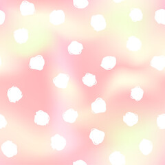 Shiny hand drawn dotted seamless pattern. Vector grunge textured white circles on foil gradient pink background. Festive holiday abstract texture for decor, fabric, design, gift wrapping paper, cover.