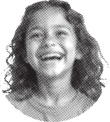 A halftone portrait of a smiling woman with wavy hair