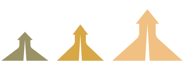 Three rising arrow paths in earth tones, gradient of ascending pointers on white background
