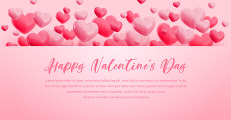 Vector Happy Valentines Day banner template. Horizontal border with flying realistic heart balloons frame and text on pink background. Cartoon 3d Valentine's day design for greeting, decor, invitation