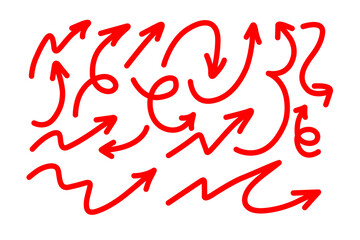 Hand drawn arrow doodles - Sketchy red arrows set, Marker pen pointer icons, Curvy directional symbols. 
