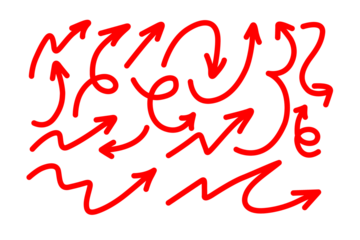 Hand drawn arrow doodles - Sketchy red arrows set, Marker pen pointer icons, Curvy directional symbols. 