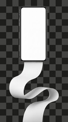  smartphone mockup with long white scroll paper, blank empty screen display, flowing paper ribbon banner, template for internet search results