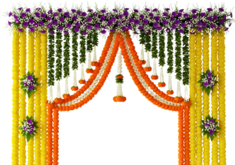 Vibrant indian wedding or festival decoration with flowers and beads isolated on transparent background
