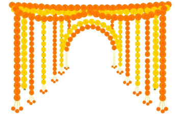 Vibrant orange and yellow beaded curtain with archway isolated on transparent background