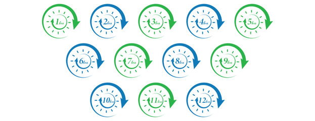 hourly duration icons with circular arrows, countdown timers from one to twelve hours