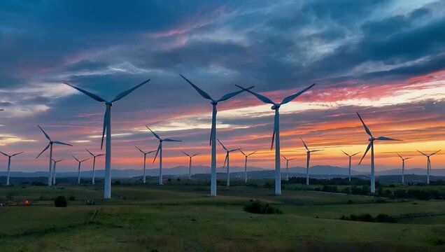 Timelapse 4K zoom footage of colorful sunset over wind farm transitioning slowly into night capturing windmill silhouettes rich skies cinematic light gradients landscape energy themed 