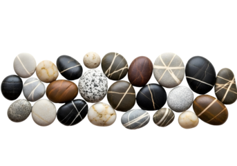 A collection of wet pebbles in various colors and patterns isolated on transparent background