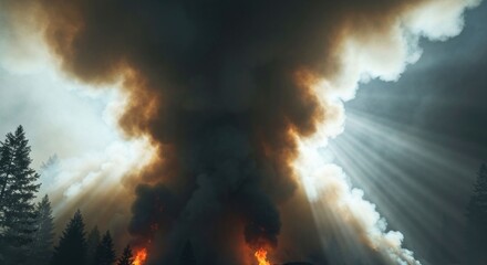 Obraz premium Immense wildfire smoke plume billowing, sun rays piercing through the dark clouds above a burning forest